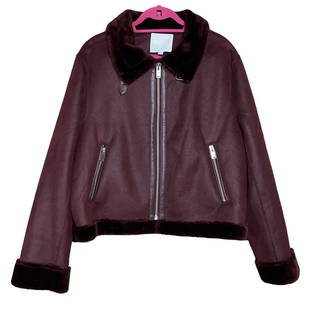 ett:twa by Anthropologie Costello Moto Sherpa Jacket Burgundy Maroon SZ XL